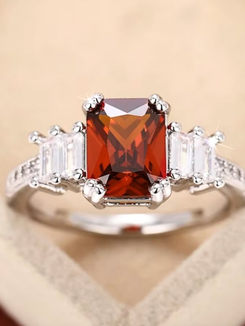 18k White Gold Ruby Diamond Ring Band Emerald Cut Ruby Ring